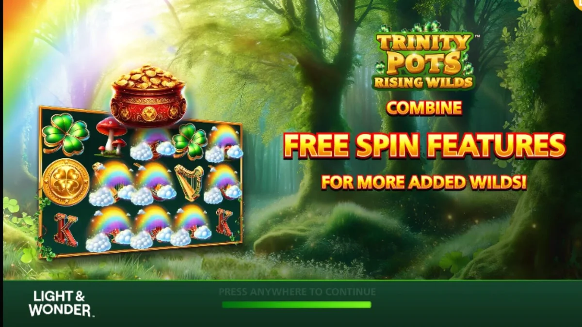 Trinity Pots Rising Wilds slot machine interface showing Irish luck theme